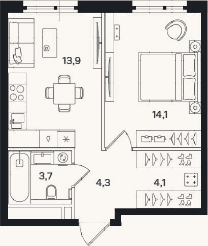 Планировка: 1-к, 40,1 м²