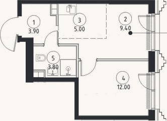 Планировка: 2-к, 34,1 м²