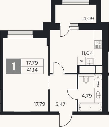 Планировка: 1-к, 39,1 м²