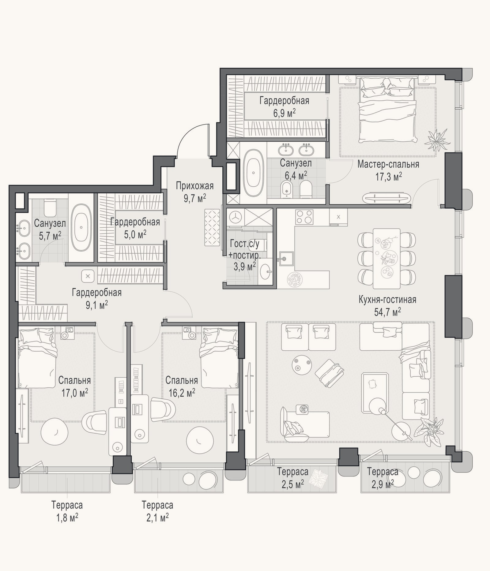 Планировка: 4+ к, 154,9 м²