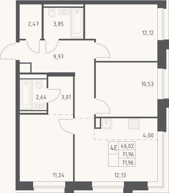 Планировка: 4+ к, 72 м²