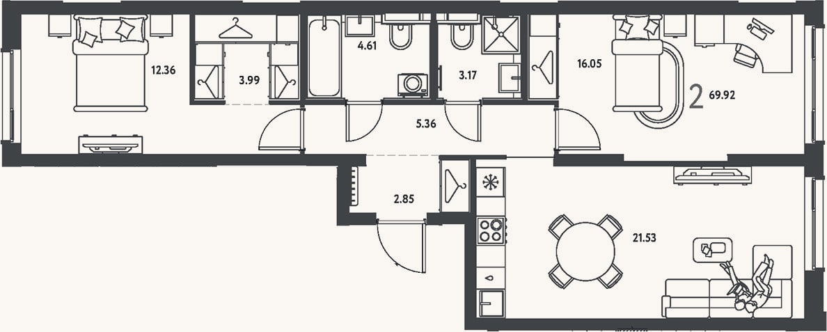 Планировка: 2-к, 69,9 м²