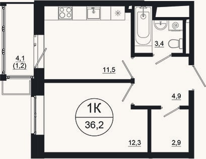 Планировка: 1-к, 35 м²