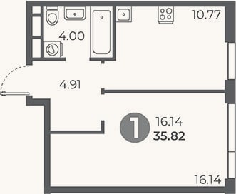 Планировка: 1-к, 35,8 м²