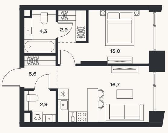 Планировка: 2-к, 43,4 м²
