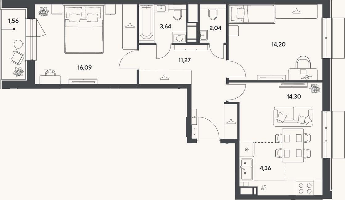 Планировка: 3-к, 65,9 м²
