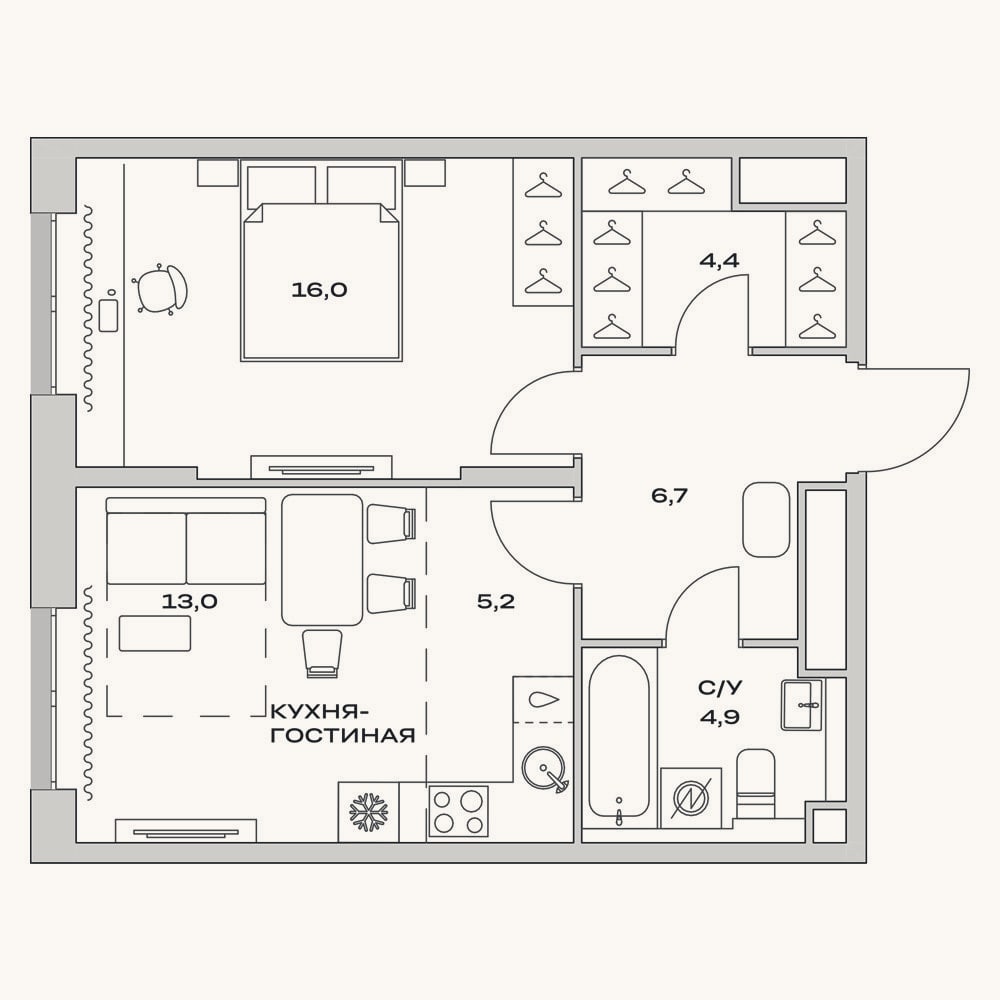 Планировка: 2-к, 50,2 м²