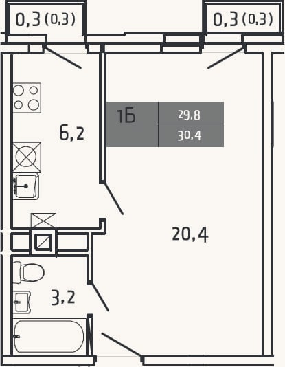 Планировка: 1-к, 29,8 м²
