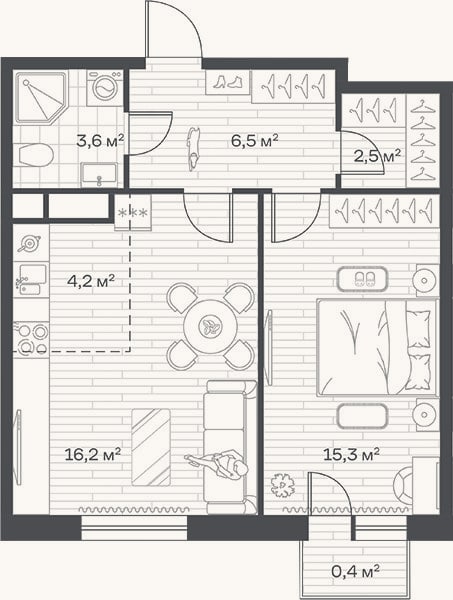 Планировка: 2-к, 48,3 м²