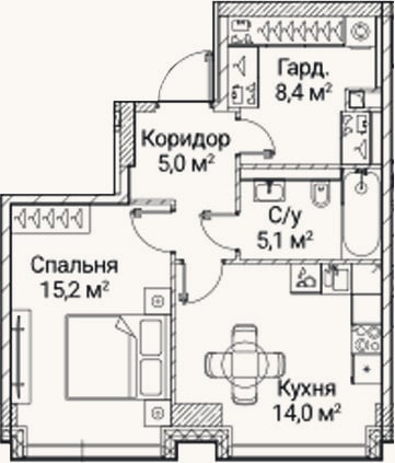 Планировка: 1-к, 47,7 м²
