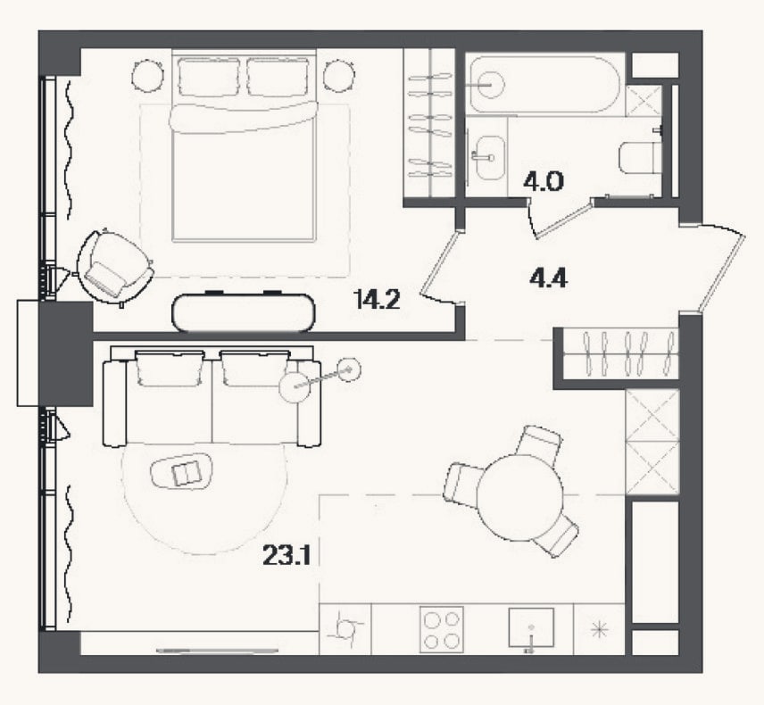 Планировка: 2-к, 47,1 м²