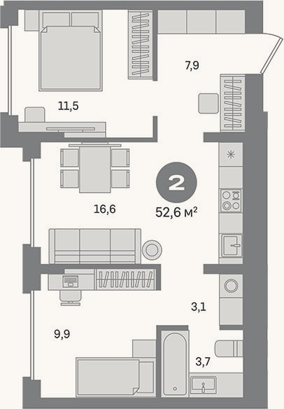 Планировка: 2-к, 52,6 м²
