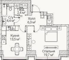 Планировка: 1-к, 46,3 м²