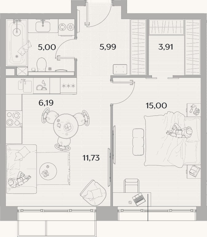 Планировка: 2-к, 47,8 м²
