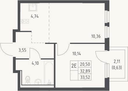 Планировка: 2-к, 32,9 м²