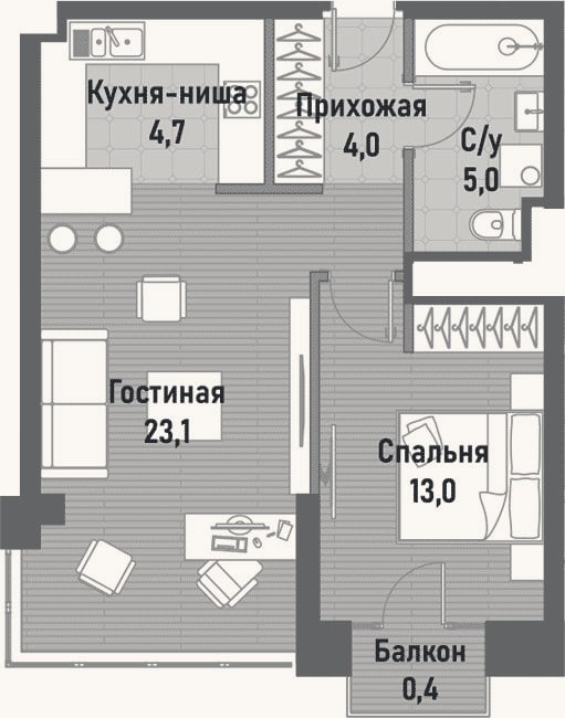 Планировка: 2-к, 52,4 м²