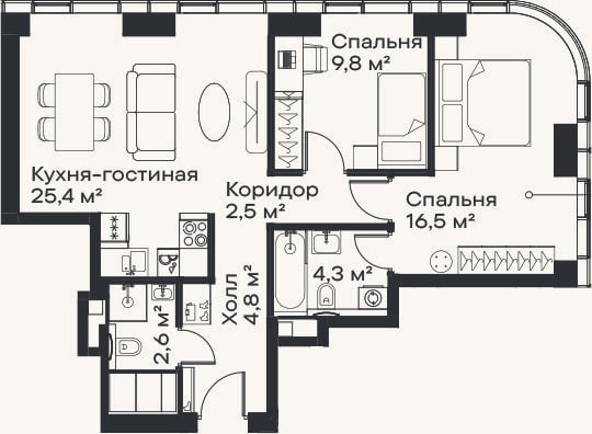 Планировка: 3-к, 65,9 м²