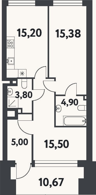 Планировка: 2-к, 59,8 м²