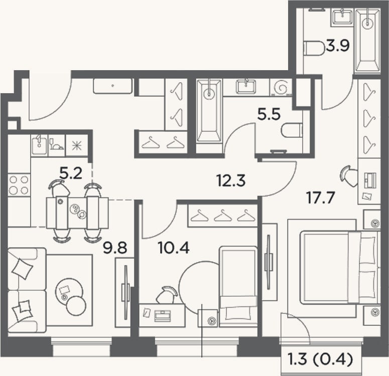Планировка: 3-к, 64,8 м²