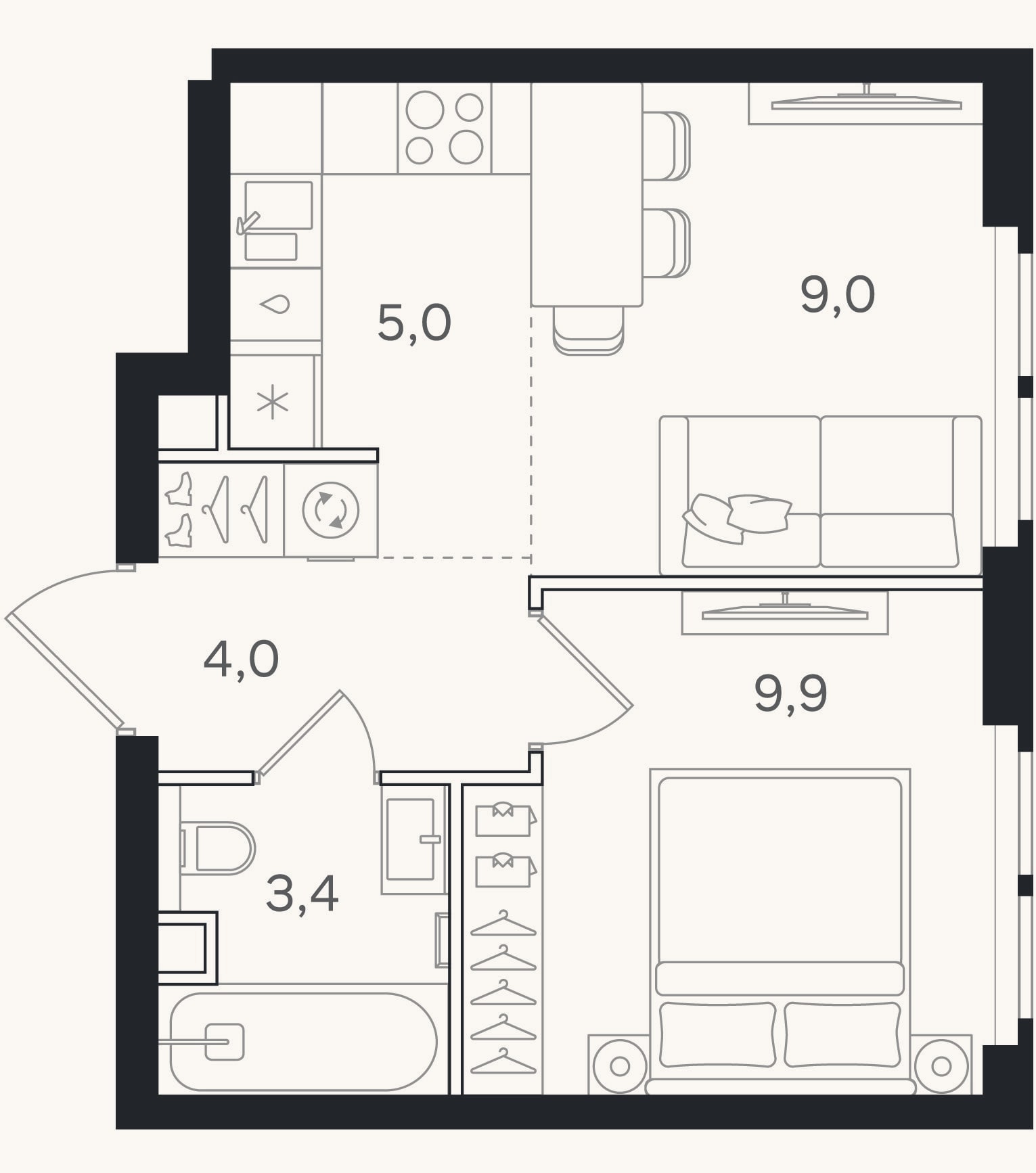 Планировка: 2-к, 31,3 м²