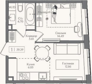 Планировка: 1-к, 39,4 м²