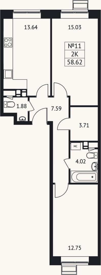 Планировка: 2-к, 58,6 м²