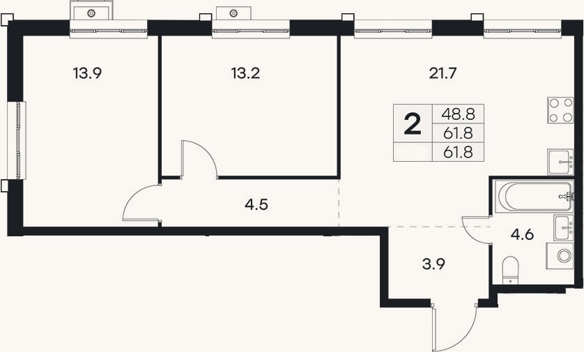 Планировка: 3-к, 61,8 м²