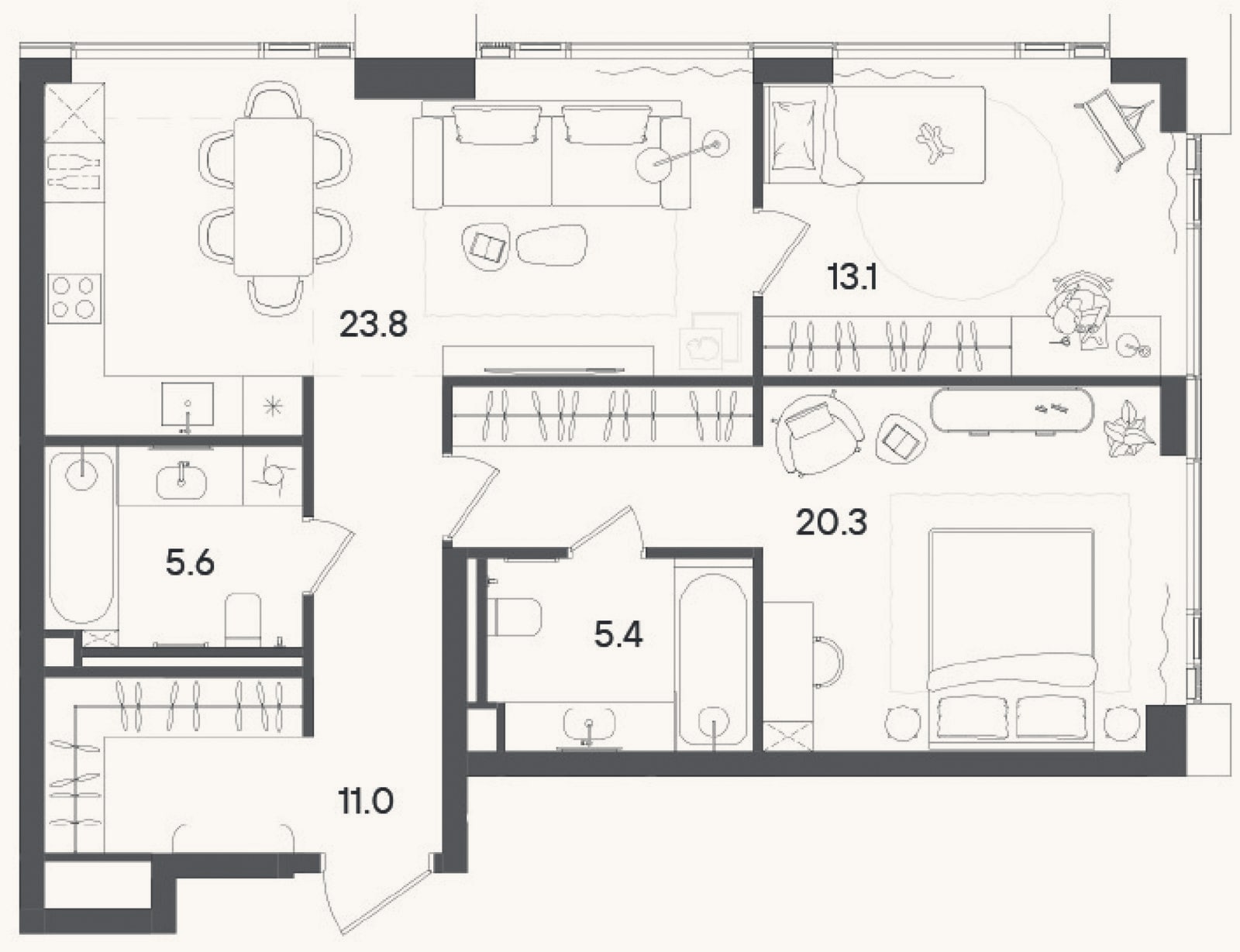 Планировка: 3-к, 79,9 м²