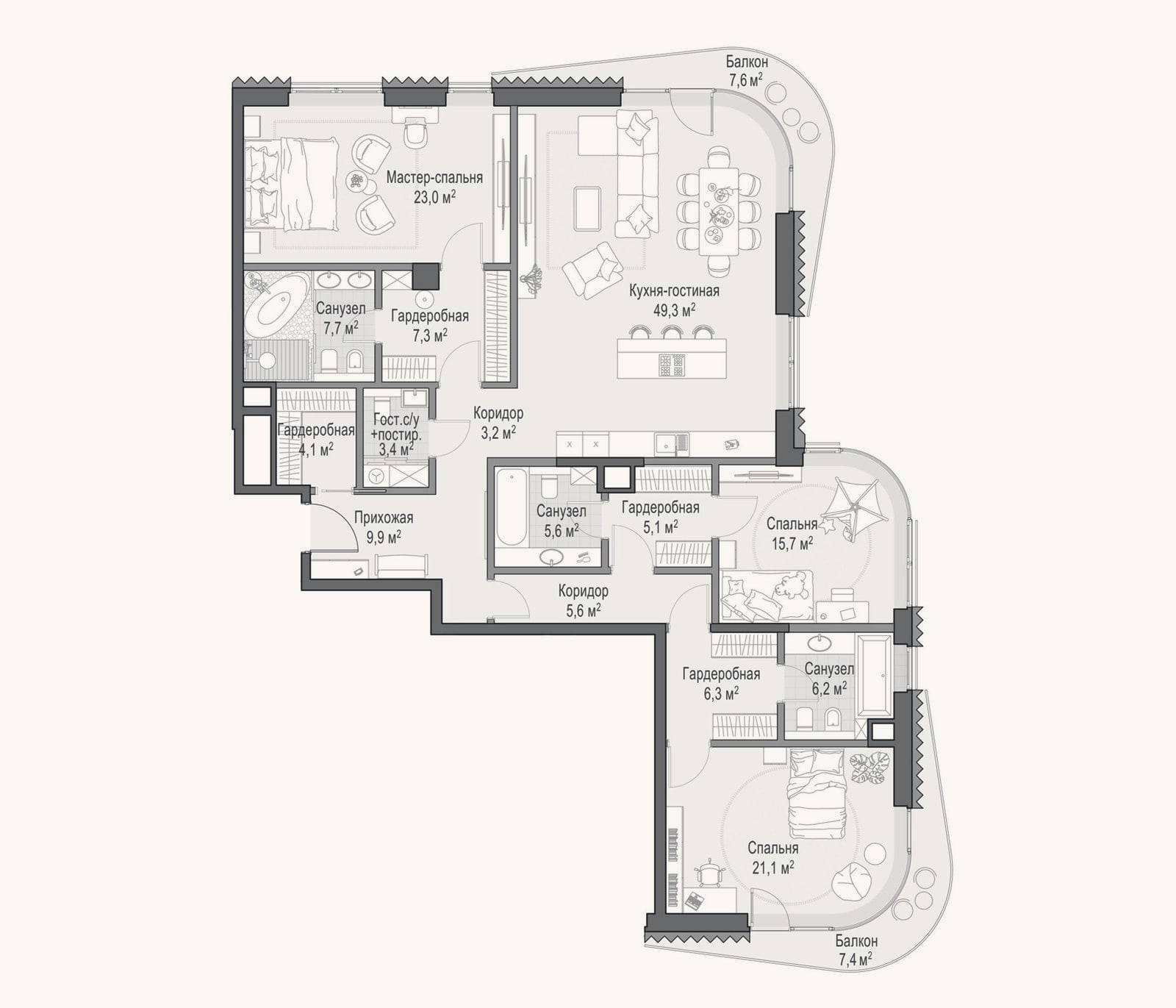 Планировка: 3-к, 173,5 м²