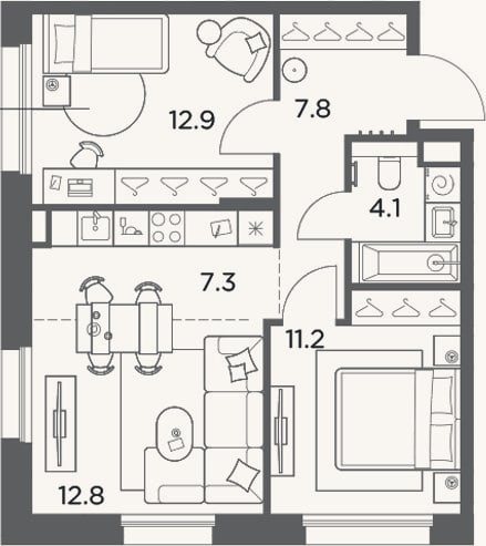 Планировка: 3-к, 56,1 м²