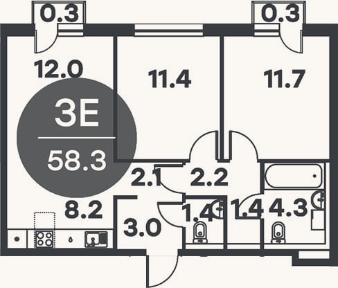 Планировка: 3-к, 57,7 м²