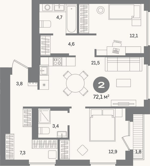 Планировка: 2-к, 70,3 м²