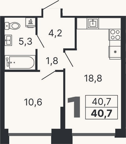Планировка: 1-к, 40,7 м²
