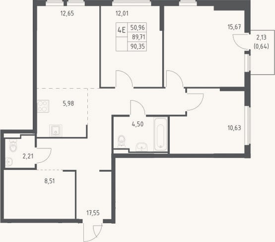 Планировка: 4+ к, 89,7 м²