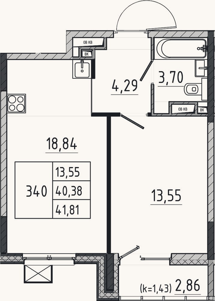 Планировка: 2-к, 40,4 м²