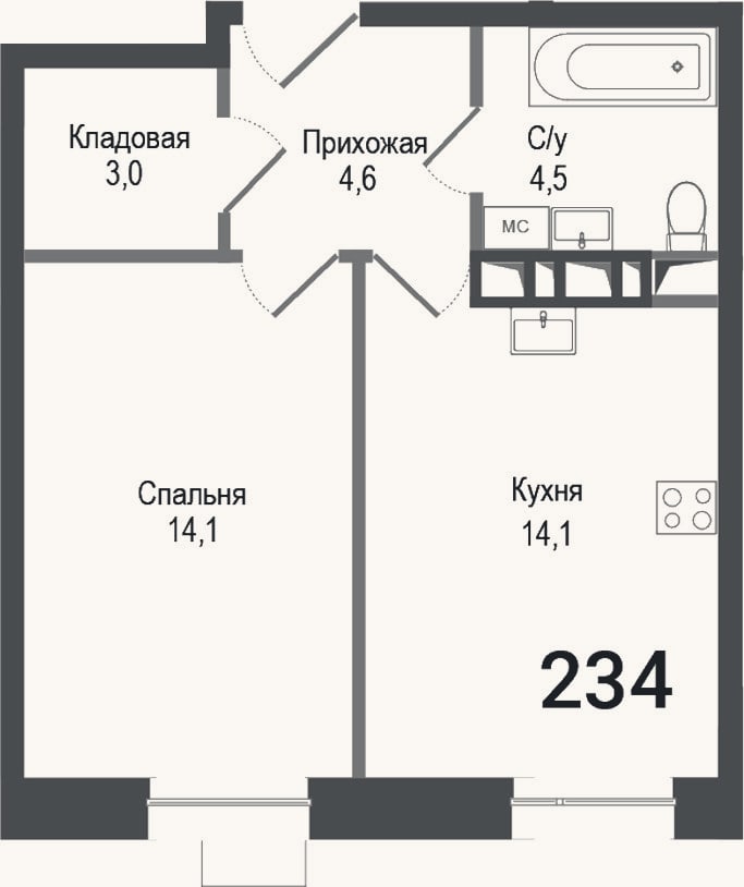 Планировка: 1-к, 40,3 м²