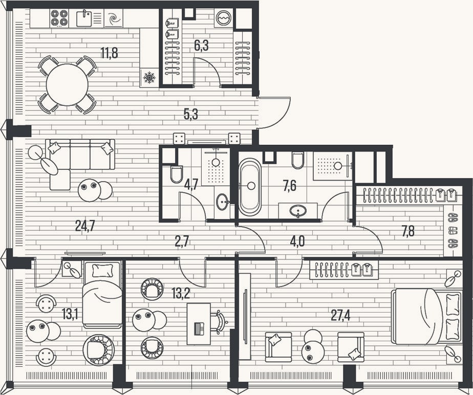 Планировка: 4+ к, 128,6 м²