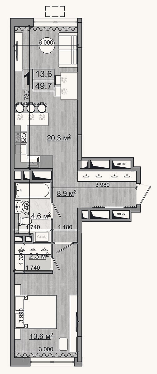 Планировка: 2-к, 49,7 м²