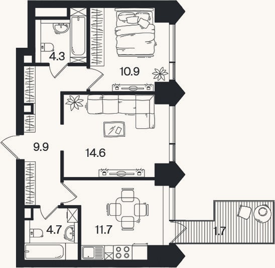 Планировка: 2-к, 56,1 м²