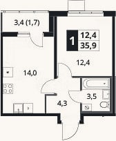 Планировка: 1-к, 34,2 м²