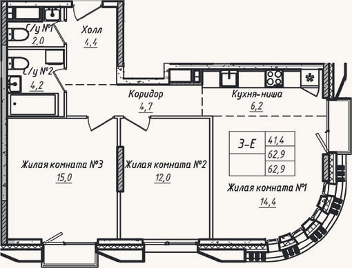 Планировка: 3-к, 62,9 м²