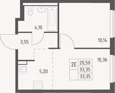 Планировка: 2-к, 33,4 м²