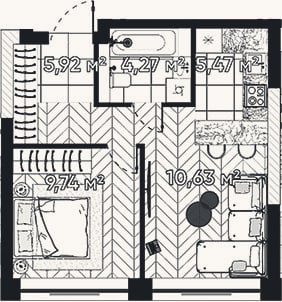 Планировка: 2-к, 36 м²