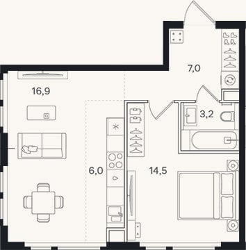 Планировка: 2-к, 47,6 м²