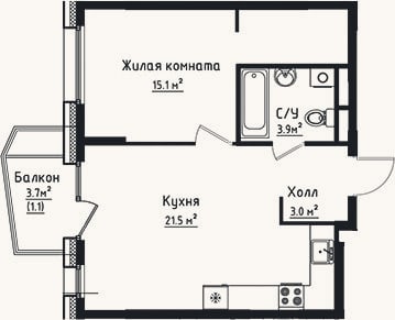 Планировка: 1-к, 43,5 м²
