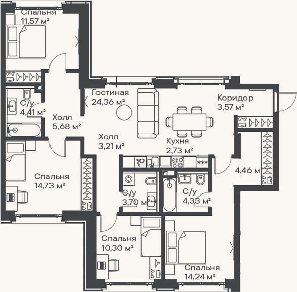Планировка: 4+ к, 107,3 м²