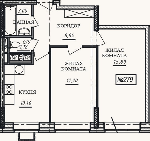 Планировка: 2-к, 51,1 м²