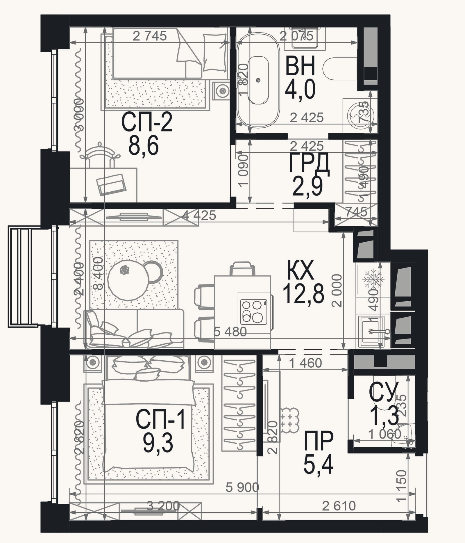 Планировка: 2-к, 44,3 м²