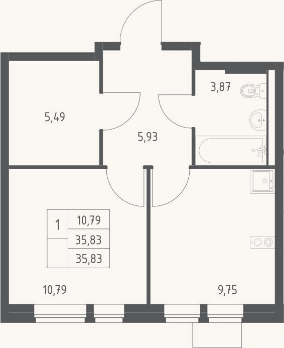 Планировка: 1-к, 35,8 м²