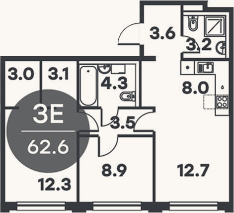 Планировка: 3-к, 62,6 м²